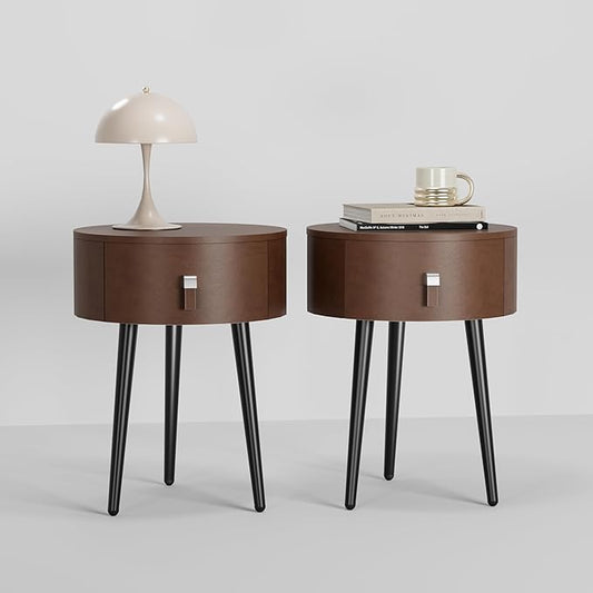 Round Nightstand Set of 2 with Single Drawer, Modern Bedside Table with Metal Legs for Bedroom, Leather Side Table, Small Accent End Table, Brown