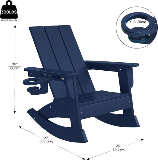 Costaelm Palms Kids Outdoor Preschool HDPE Plastic Modern Adirondack Rocking Chair (Set of 2), Navy Blue