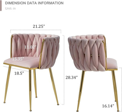 Velvet Dining Chairs Set of 6, Gold Modern Dining Chair with Metal Legs, Woven Upholstered Dining Chairs for Dining Room, Kitchen, Vanity, Living Room (Pink)