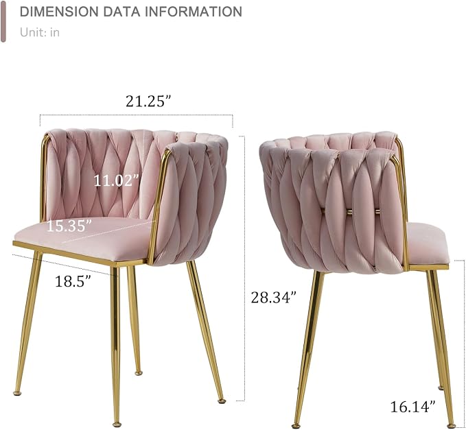 Velvet Dining Chairs Set of 2, Gold Modern Dining Chair with Metal Legs, Woven Upholstered Dining Chairs for Dining Room, Kitchen, Vanity, Living Room (Pink)