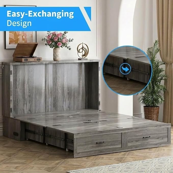 PUREMIND Queen Murphy Bed Cabinet, Bedroom Cabinet Beds with USB Charging Station, Murphy Chest Bed with Storage Drawers, Horizontal Wallbed for Guest Room Grey