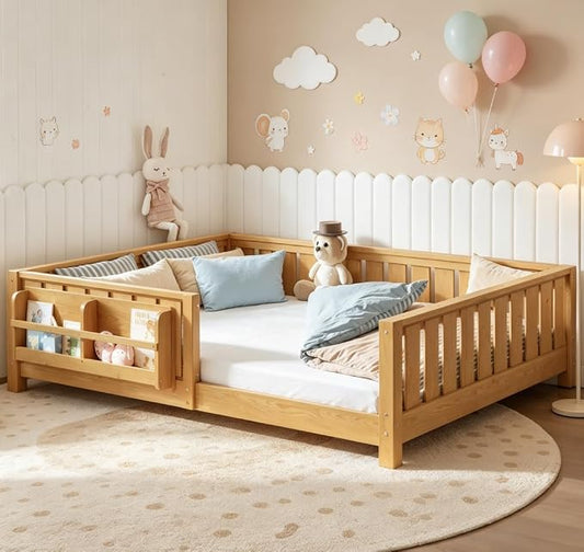 Bellemave Full Size Floor Bed with high Rails and with Built-in Bookshelf for Kids, Girls, Boys, Wood Montessori Floor Bed Without Door, Light Natural