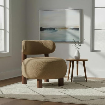 Modern Boucle Accent Chair, with Plush Faux Sherpa Upholstery, Curved Backrest, Solid Wood Legs for Living Room Bedroom Reading Nook, 27.5", Camel