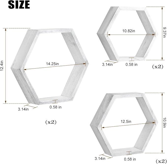 Hexagon Floating Shelves Set of 6, Wall Mounted Wood, Grey | Honeycomb Shelves, Wood Farmhouse Storage, for Wall Decor, Hanging Shelves, for Bedroom Living Room Nursery, Free Combination