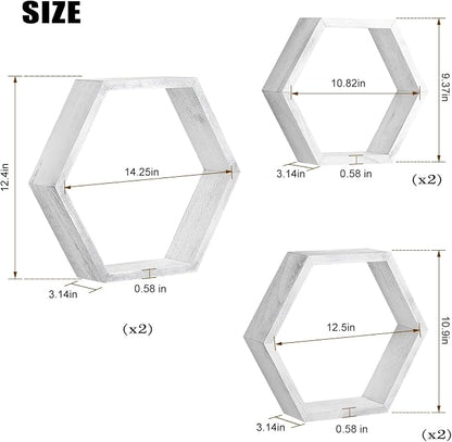 Hexagon Floating Shelves Set of 6, Wall Mounted Wood, Grey | Honeycomb Shelves, Wood Farmhouse Storage, for Wall Decor, Hanging Shelves, for Bedroom Living Room Nursery, Free Combination