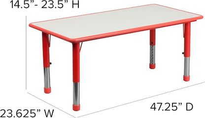 EMMA + OLIVER Adjustable Kids Activity Table for Home Use, Height-Adjustable Classroom Table for Kids, 23.625" W x 47.25" D x 14.5-23.5" H, Red