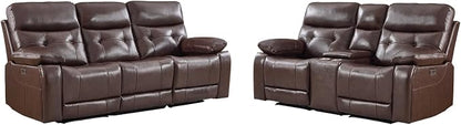 CANMOV Genuine Leather Power Reclining Sofa Set, Power Recliner Sofa and Loveseat Set, 2 Pieces Leather Couch with Storage Console, USB Ports, Cup Holders for Living Room,Dark Brown