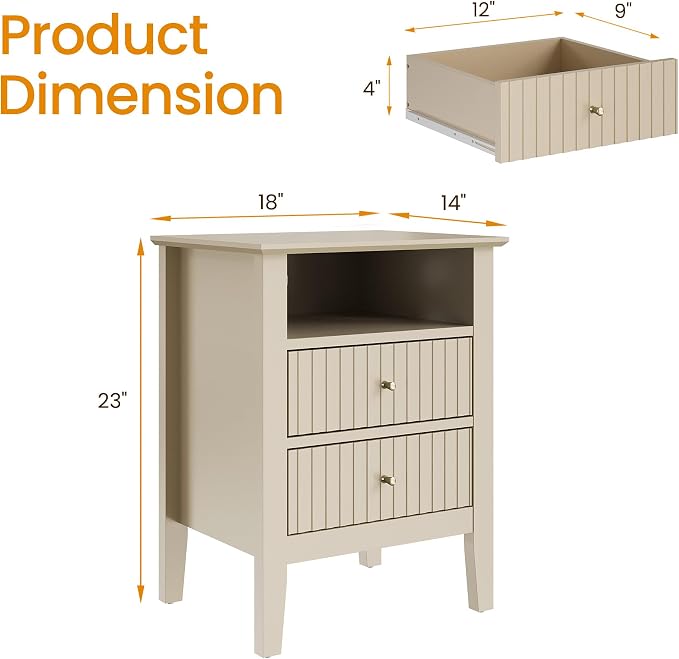 RoyalCraft Beige Fluted Nightstand with 2 Drawers, Colorful Nightstand for Bedroom, Modern Wooden End Table with Storage for Small Spaces, Tall Side Sofa Table for Couch, Home Office
