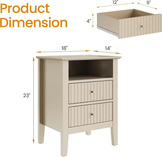 RoyalCraft Beige Fluted Nightstand with 2 Drawers, Colorful Nightstand for Bedroom, Modern Wooden End Table with Storage for Small Spaces, Tall Side Sofa Table for Couch, Home Office