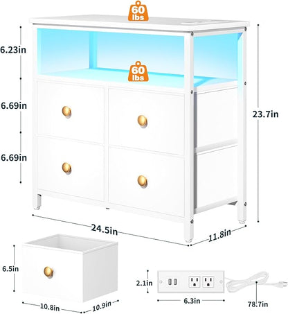 Yoobure Night Stand with Charge Station, Nightstand with 4 Drawers Bedside Table, LED Dresser with Storage Shelf, Night Stands for Bedroom, Side Table 3-Tier Wood End Table for Home, Office White
