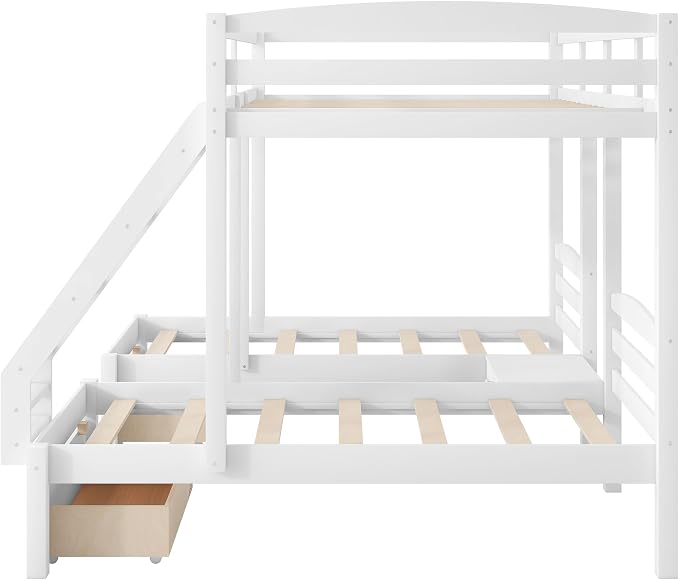 VilroCaz Wood Bed Bunk Bed with 2 Storage Drawers for 3, Full Over Twin & Twin Bunk Bed Frame with Built-in Middle Drawer, Guardrail and Ladder for Kids Teens Adults, Maximized Space Design