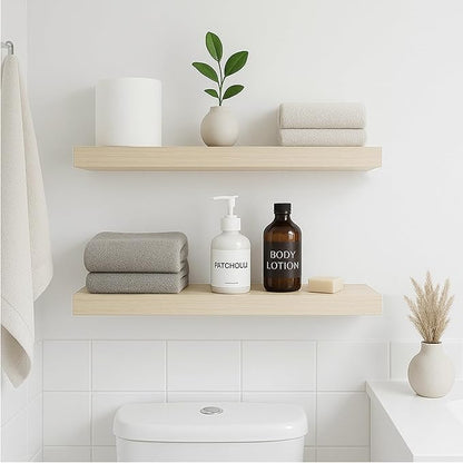 White Oak Floating Shelves for Wall, 24 in Wall Mounted Shelves Perfect for Bedroom, Bathroom, Living Room and Kitchen Decoration Storage（Set of 2）