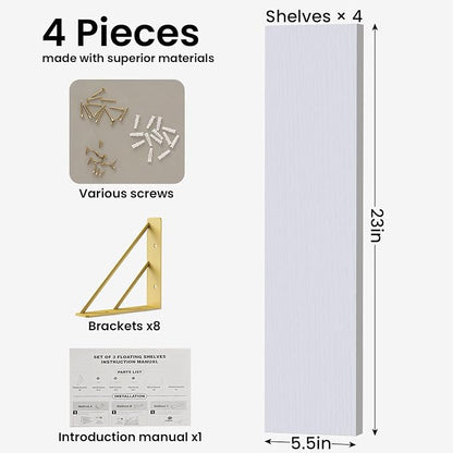 BAYKA Wall Shelves for Bedroom Decor, Floating Wall Shelf for Living Room Kitchen Storage, Mounted Rustic Wood Shelves for Kids Books, Corner Shelf for Bathroom(White and Gold，23in，Set of 4)