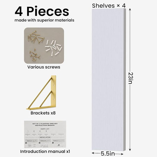 BAYKA Wall Shelves for Bedroom Decor, Floating Wall Shelf for Living Room Kitchen Storage, Mounted Rustic Wood Shelves for Kids Books, Corner Shelf for Bathroom(White and Gold，23in，Set of 4)