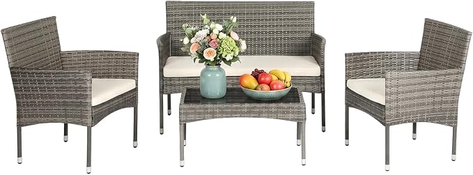 FDW Outdoor Patio Furniture Set Wicker Patio Set PE Rattan Furniture Bistro Set for Outdoor Indoor Use with Loveseats Coffee Table, Khaki Cushions, 4 Pieces