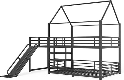 Harper & Bright Designs Floor Bunk Bed Full Over Full with Storage Stairs and Slide, Metal House Bunk Bed with Full Length Guardrails, No Box Spring Required, Noise Free, Space Saving, Black