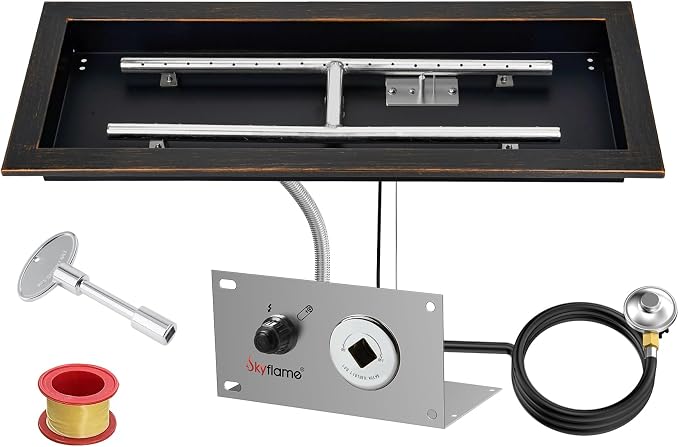 Skyflame 24 x 8 Inch Rectangular Fire Pit Pan Kit, Black Drop-in Fire Pit Pan and Burner, Come with Spark Ignition and Propane Hose, Indoor/Outdoor Fire Table DIY Decorative