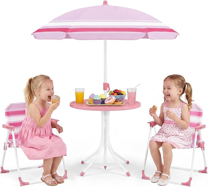 Olakids Kids Picnic Table, Outdoor Toddler Patio Furniture Set with 2 Folding Chairs Adjustable Foldable Umbrella for Garden Backyard Beach (Pink)