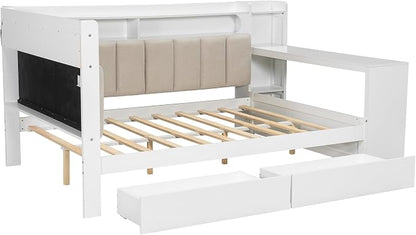 Bellemave Full Upholstered Daybed with Desk and Drawers and USB/LED Belt, Corner Bed with Trundle, L-Shape daybed for Bedroom Living Room, White（Linen）