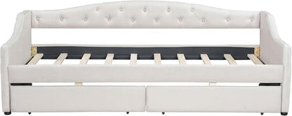 Merax Modern Upholstered Platform Bed Frame with Storage Drawers, Linen Sofa Day Bed, No Box Spring Needed/Easy Assemble/Twin XL, Beige