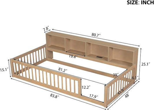 Bellemave Kids Montessori Floor Bed Twin XL Size,Floor Bed Frame with Bookcase and Charging Station for Kids Boys Girls
