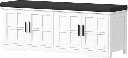 Akxomel Shoe Bench with Storage, 47.2" Entryway Bench with Padded Cushion, 2-Tier Shoe Cabinet Bench with Adjustable Shelves and 4 Cross Molding Doors, for Hallway, Living Room, Bedroom, White