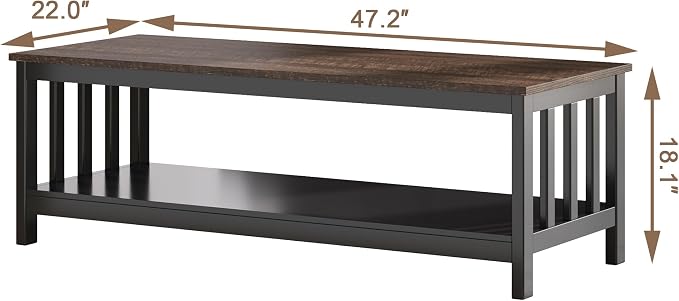 ChooChoo Mission Coffee Table, Wood Living Room Table with Shelf, 47 inch, Espresso