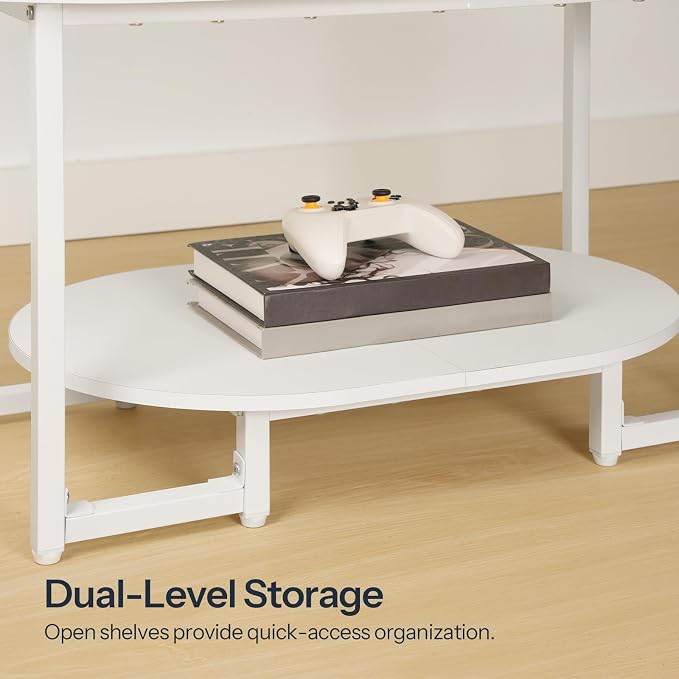 HOOBRO Coffee Table for Living Room, Oval Small Coffee Table with 2-Tier Open Storage Shelf, Industrial Cocktail Tea Table, Wooden Desktop Center Table, Farmhouse, Home Office, White WW09KF01