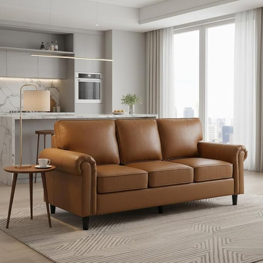 Kingfun Faux Leather 3 Seater Couch, Mid Century Modern Sofa with Rolled Arms and Deep Seats, Fluffy Comfort for Living Room, Apartment, Easy Assembly, Brown
