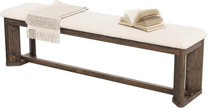 LITTLE TREE 63" Upholstered Bench, Solid Wood Entryway Shoe Bench with Cushion, Long Modern Farmhouse End of Bed Bench with Antique Brown Legs & Faux Lamb Fur Seat for Bedroom, Living Room, Dining