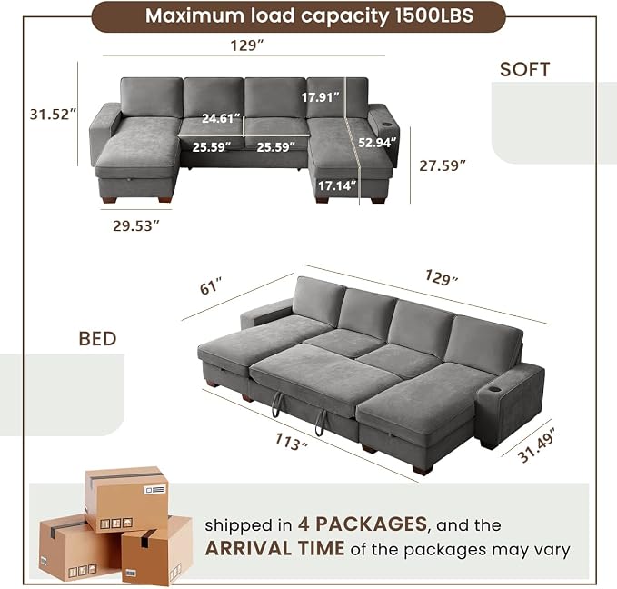 129" Convertible Sleeper Sofa Bed,L Shaped with Storage Chaise Pull Out Couch for Living Room,USB and Type-C,Removable Washable Chenille Covers （Gray）