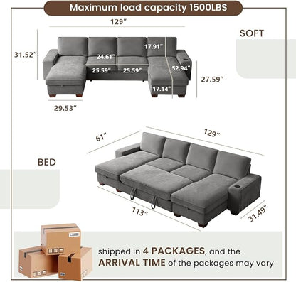 129" Convertible Sleeper Sofa Bed,L Shaped with Storage Chaise Pull Out Couch for Living Room,USB and Type-C,Removable Washable Chenille Covers （Gray）