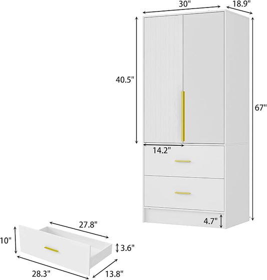 Armoire Wardrobe Closet with Mirror, Light and Fluted Doors, Tall Bedroom Armoire with Hanging Rod and 2 Drawers, White