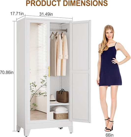 Metal Armoire Wardrobe Closet Storage Cabinet with Mirror White, 71'' Wardrobe Cabinet with Hanging Rod Metal Closet with 2 Adjustable Shelves for Bedroom, Laundry Room, Cloak Room