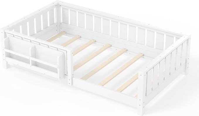 Bellemave Twin Floor Bed with high Rails and with Built-in Bookshelf for Kids, Girls, Boys, Wood Montessori Floor Bed Without Door, White