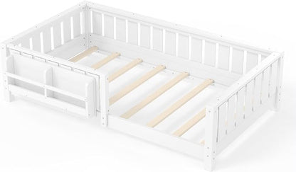 Bellemave Twin Floor Bed with high Rails and with Built-in Bookshelf for Kids, Girls, Boys, Wood Montessori Floor Bed Without Door, White