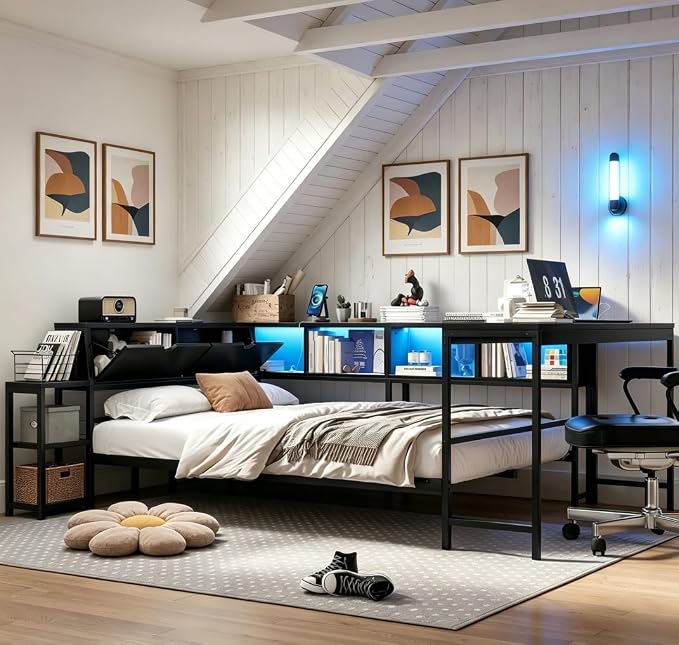 Bellemave Queen Corner Bed Frame with Desk and Storage, Queen Size cornner Bed with Charging Station and LED Light, Wood Daybeds with L-Shaped Bookcase and 2 Drawers, Black
