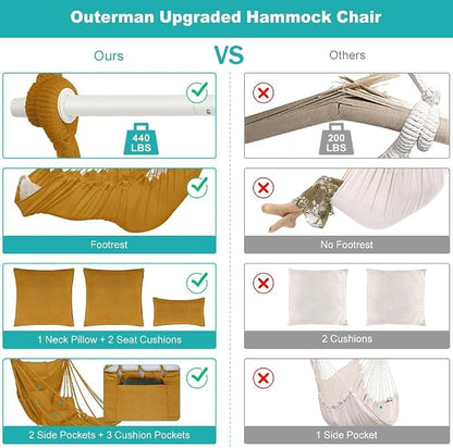 Outerman Hammock Chair, Hanging Chair with 3 Cushions and Foot Rest Support, Durable Metal Spreader Bar Max 500Lbs, Swing Chair for Bedroom, Indoor & Outdoor, Patio, Porch or Tree（Khaki）