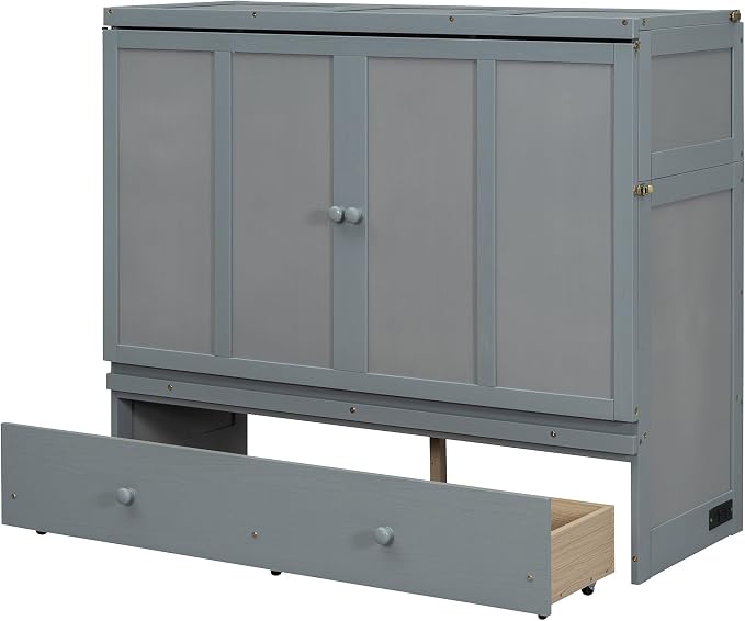 Merax Murphy Bed Cabinet Full Size with Storage Drawers, Chest Cube Bed for Guest Room, Built-in Sockets & USB Ports, for Home Office or Small Bedroom, Grey