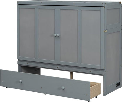 Merax Murphy Bed Cabinet Full Size with Storage Drawers, Chest Cube Bed for Guest Room, Built-in Sockets & USB Ports, for Home Office or Small Bedroom, Grey