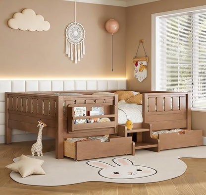 Bellemave Queen Size Kids Bed with high Rails and with Built-in Bookshelf and Drawers for Kids, Girls, Boys, Wood Montessori Bed Without Door, Natural