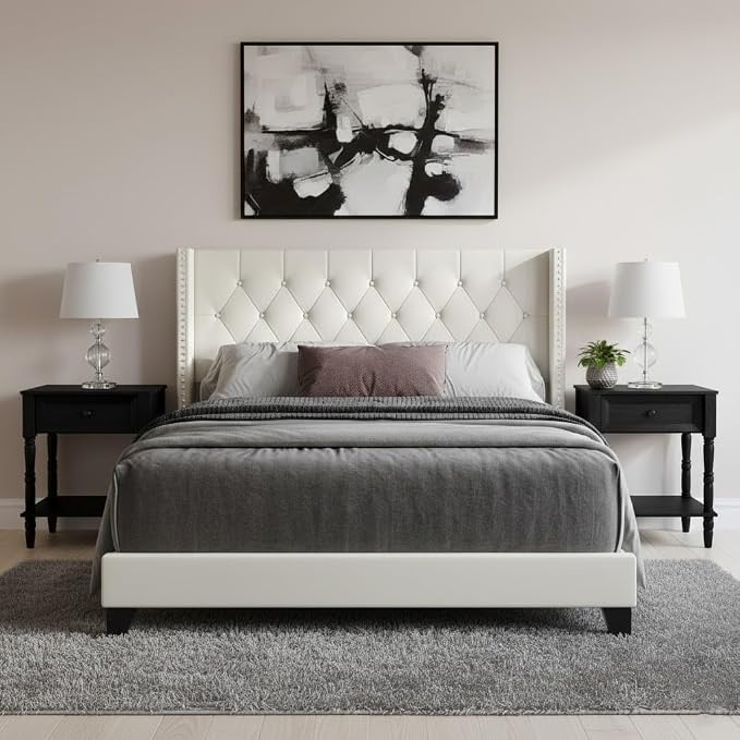 HOME DESIGN Homer Full Tufted Wingback Upholstered Panel Bed with 2 Matching 1 Drawer Nightstands, Bedroom Furniture Set with Open Shelf Storage, Light Beige Black