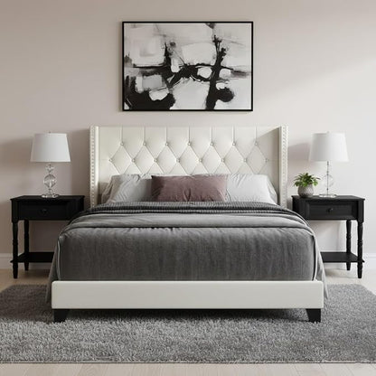 HOME DESIGN Homer Full Tufted Wingback Upholstered Panel Bed with 2 Matching 1 Drawer Nightstands, Bedroom Furniture Set with Open Shelf Storage, Light Beige Black