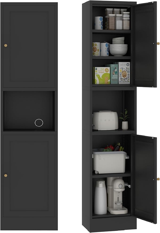 69" Tall Metal Pantry Cabinet with Microwave Stand,Microwave Storage Cabinet with 2 Doors & 3 Adjustable Shelves for Kitchen (2doors-Black, 11.81" D x 15.75" W x 66.93" H)