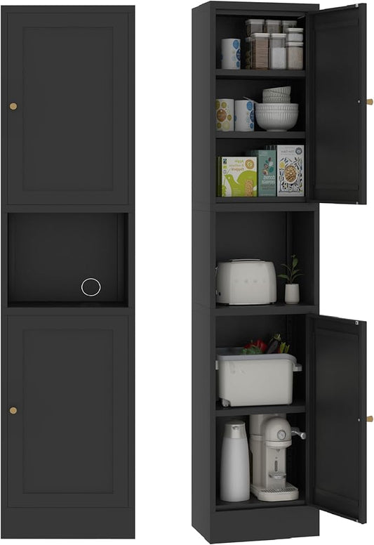 69" Tall Metal Pantry Cabinet with Microwave Stand,Microwave Storage Cabinet with 2 Doors & 3 Adjustable Shelves for Kitchen (2doors-Black, 11.81" D x 15.75" W x 66.93" H)