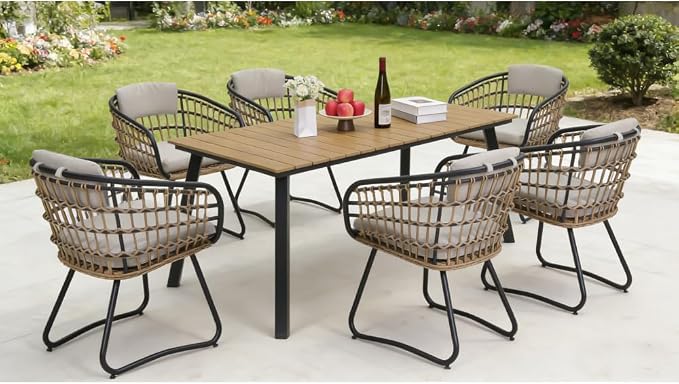 7-Piece Outdoor Wicker Dining Set with Wood-Plastic Composite Table Weather-Resistant Patio Furniture for 6 Person Scandinavian Design for Deck Garden Family Gatherings