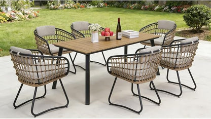 7-Piece Outdoor Wicker Dining Set with Wood-Plastic Composite Table Weather-Resistant Patio Furniture for 6 Person Scandinavian Design for Deck Garden Family Gatherings