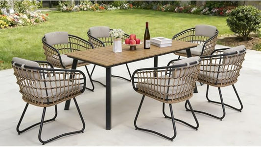 7-Piece Outdoor Wicker Dining Set with Wood-Plastic Composite Table Weather-Resistant Patio Furniture for 6 Person Scandinavian Design for Deck Garden Family Gatherings