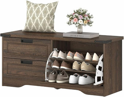 FATORRI Bench with Shoe Storage for Entryway, Wooden Shoe Benches with Flip Door and Drawers, Entry Way Shoes Organizer Cabinet for Living Room Mudroom (Dark Walnut)