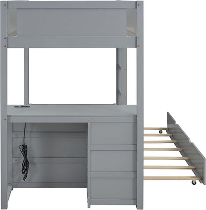 Harper & Bright Designs Twin Over Twin Bunk Bed Twin Size Trundle, Wood Twin Bunk Bed with USB Ports, Storage and Desk, Gray